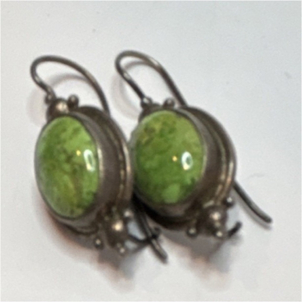 Vintage Earrings Green Oval Gem Stone Silver Bezel Setting Ethnic Hook Drop